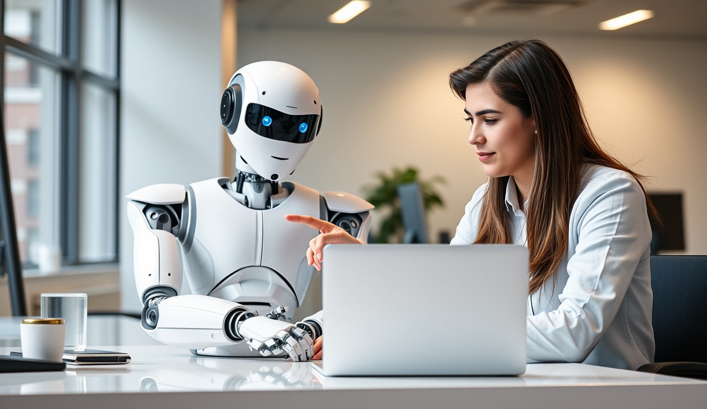 An employee and a humanoid robot working together at the same desk