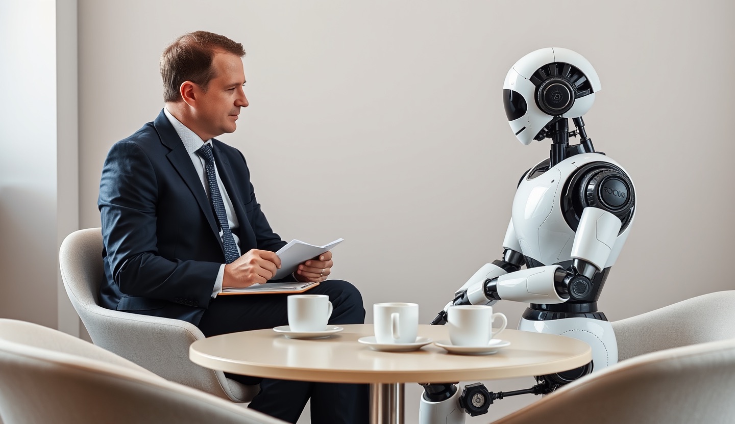 A manager running a one-on-one review with a robot