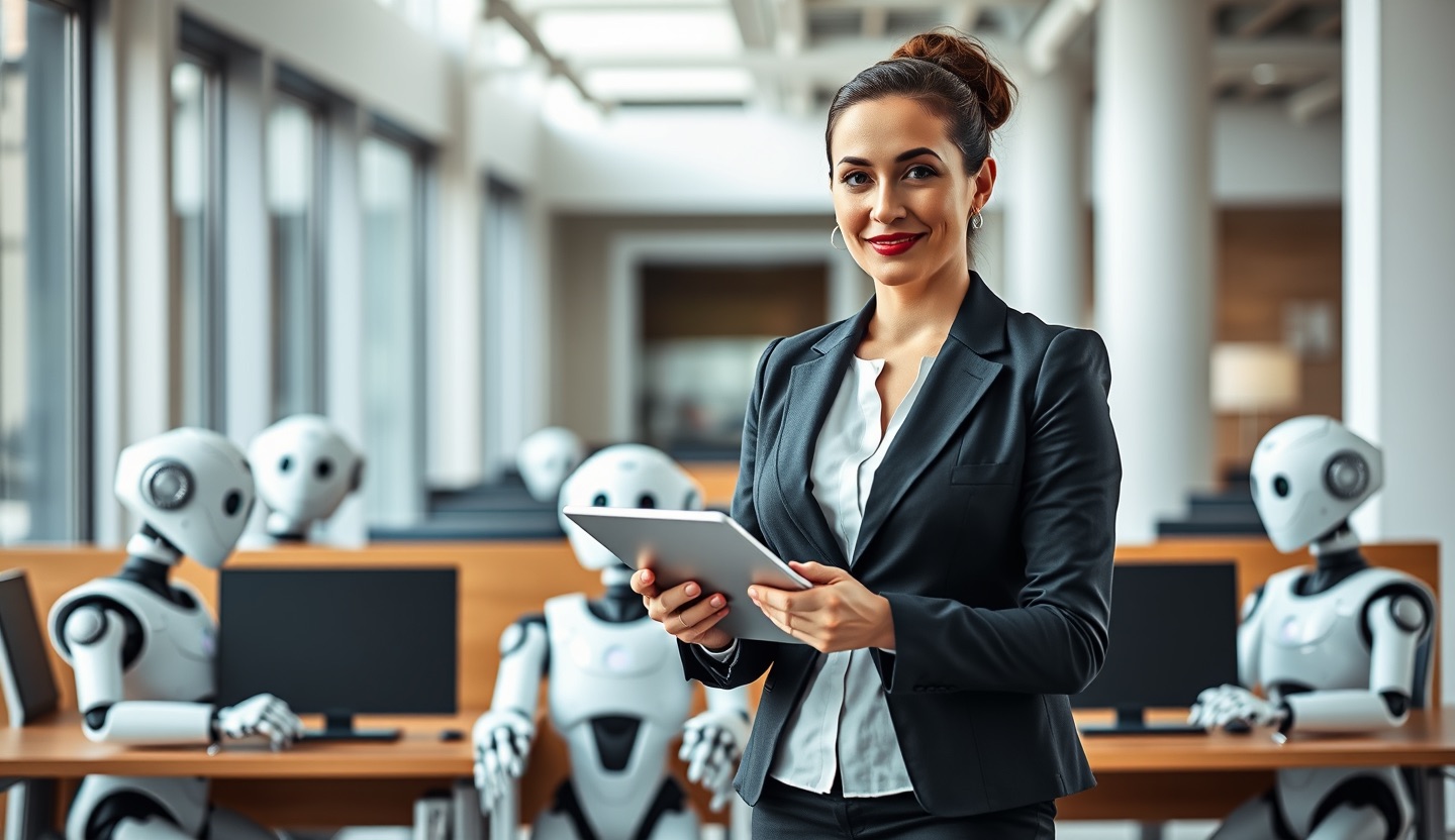 A manager leading a team of humanoid robots in an office